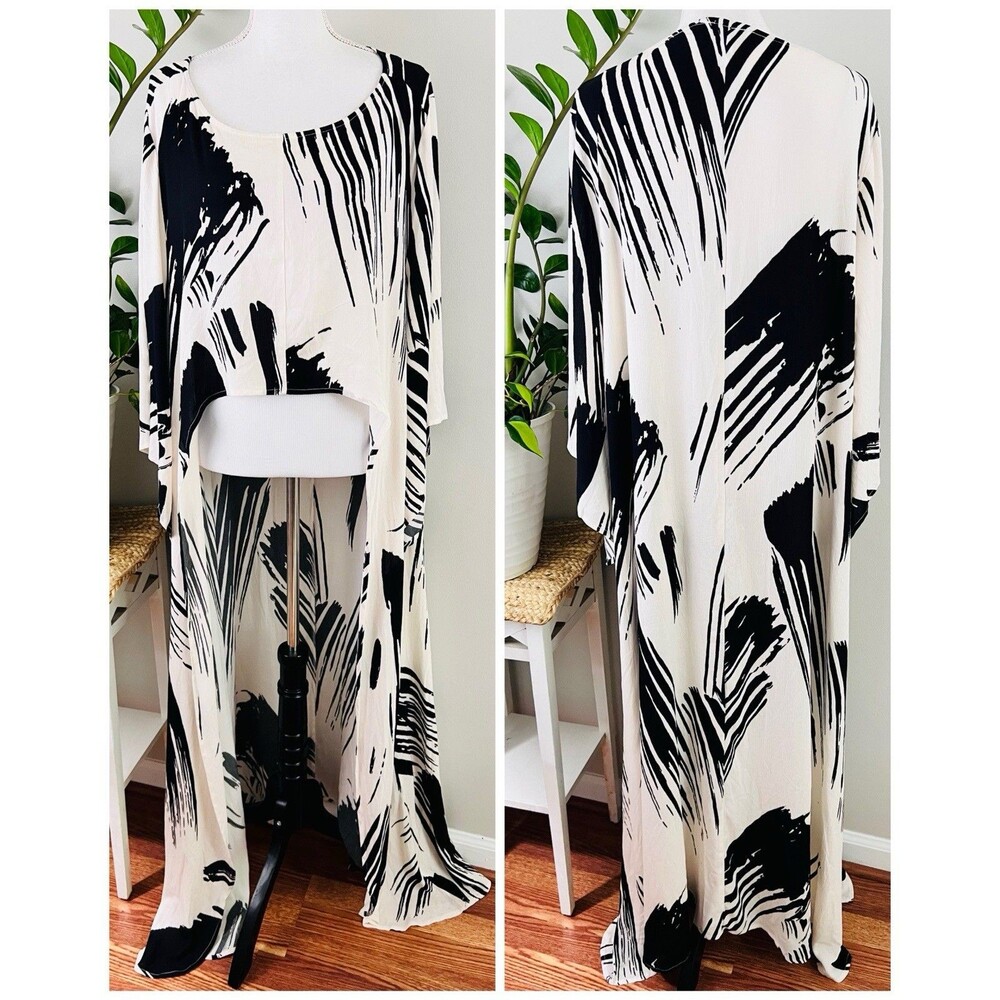 Eloquii Black & White Hi-Low Kaftan Swimsuit Coverup Resortwear Dress Swim 14/16
